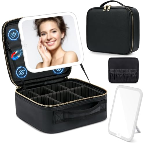 Make-up Tasche mit Spiegel: 3 Farben LED Licht Kosmetiktasche mit Magnetisch Abnehmbarem Spiegel - Schminktasche mit Spiegel und Licht - PU Leder Kosmetikkoffer mit Spiegel - Schwarz