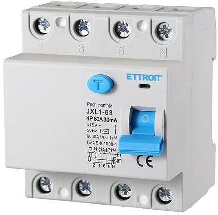 Interruttore Differenziale Puro, 4P 4 Poli 30mA 6kA 380V, Salvavita Differenziale, Occupa 4 Moduli DIN, RCCB 4P 30mA C63 63A