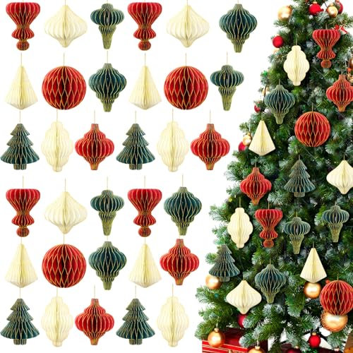 Rossesay 27 Stück Papier-Weihnachtsschmuck, neutral strukturiert, Mini-Wabenlaterne mit Glitzerrand, Vintage-Party-Dekoration, Weihnachtsbaumschmuck für Party im Innenbereich, Rot, Grün, Gold)