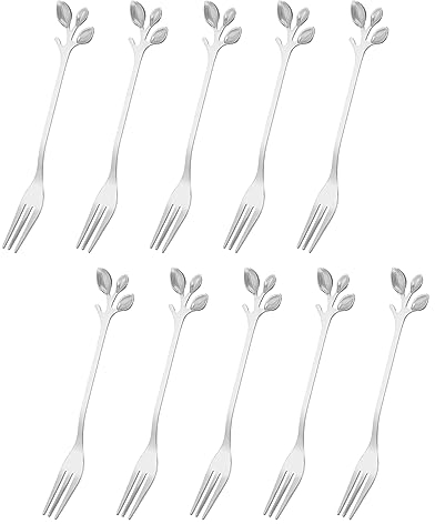QUARKZMAN 10pcs Inox Acier Feuille Apéritif Fourchette 4.8 Pouce Vaisselle Dessert Cocktail Choix Mini Gâteau Fruit pour Maison Fête, Argent