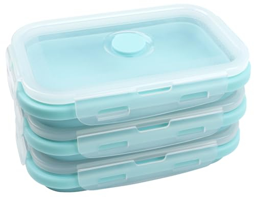 OITUGG Collapsible Food Containers Set of 3 pcs - 500ml Collapsible Lunch Box - Silicone Fresh Fold Food Containers Leakproof, Designed 4 Snap-on Buckles, BPA Free, Easy Clean, Microwaveable Blue