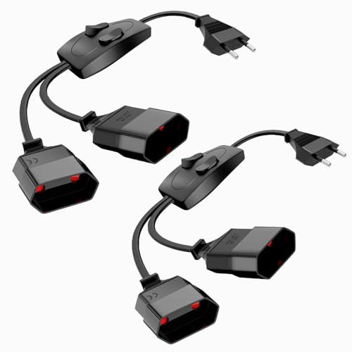 Eurostecker Verlängerung mit Schalter 2 Stück, Eurostecker Verteiler, PABANCE Euro-Verlängerung Euro-Stecker Typ C (Gerade) an Euro-Buchse, Eurostecker Verlängerung Kabel Schwarz