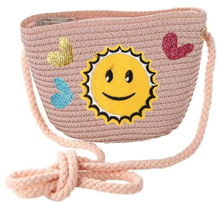 JAHEMU Mädchentaschen Lächeln Stroh Tasche mit Reißverschluss Sonne Strohtasche Crossbody bag Stroh Umhängetasche für den Urlaub Reise Outdoor Aktivitäten