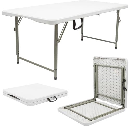 Harbour Housewares 1x Weiß 120cm (4ft) Höhenverstellbar Klappbarer Tisch aus Plastik - Schwerlast Faltbar Draussen Garten Campeggiotische