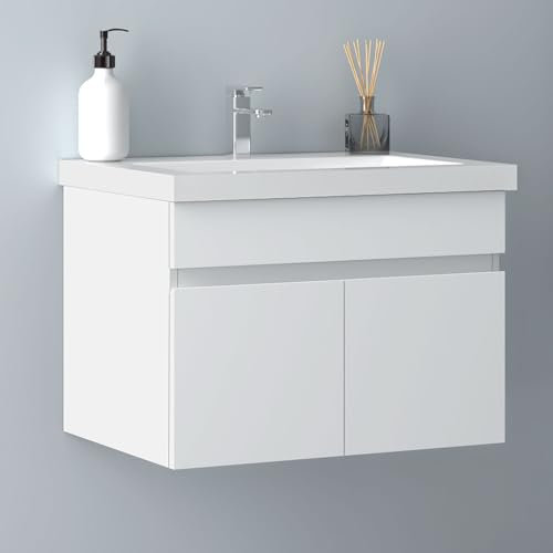 Biubiubath Badezimmer Badmöbel 60cm Mineralguss Waschtisch mit Unterschrank Hängeschrank Weiß Matt Badezimmerschränke Badschrank mit 2 Soft-Close Türen