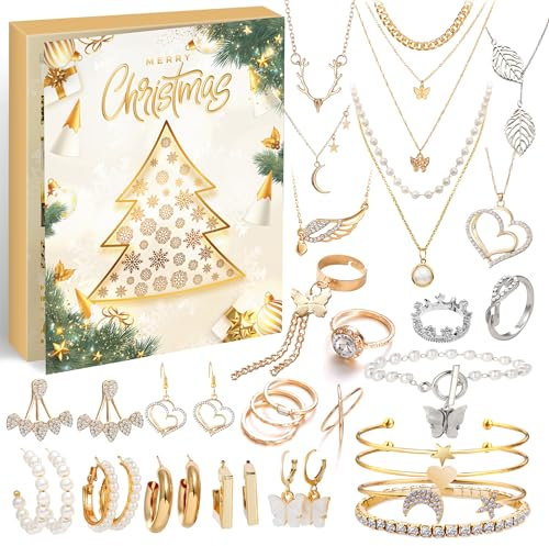 ZJTAPE Schmuck Adventskalender Frauen 2024 - Mädchen Weihnachtskalender, Armband Halskette Ring Ohrringe, Countdown Kalender 24 Überraschungen, Weihnachten Geschenk für Damen & Teenager