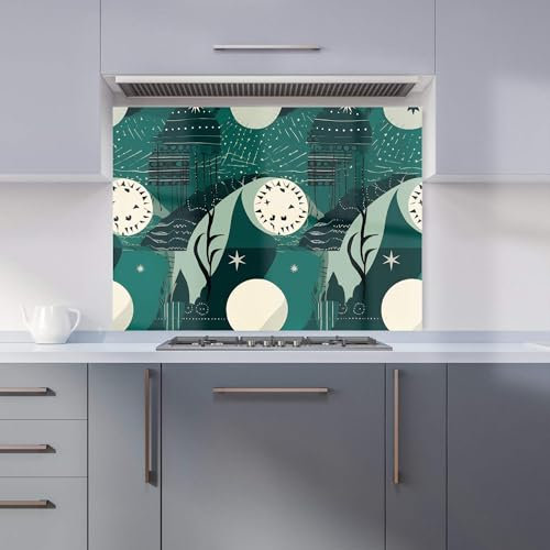 Premium Abstact Green Cream Moon and Stars Kitchen Splashback 6mm Toughened Glass Kitchen Splashback – Heat Resistant Splashback for Kitchens, Perfect for Cookers and Hobs, Polished Edges