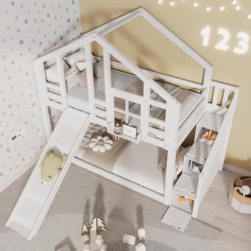 Qiang Lit Enfant Surélevé 90x200cm avec Escalier et Toboggan,Lit Superposé avec Clôture de Sécurité,Cadre de Lit avec Protection Anti-Chute et Grille,Charge Max 120kg