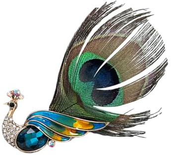 Broche en forme de plume de paon avec strass pour femmes et filles - Plaqué or - Tendance - Oiseau artificiel bleu vert - Broche pour chapeau ou sac - Accessoire de robe - Cadeau d'anniversaire de