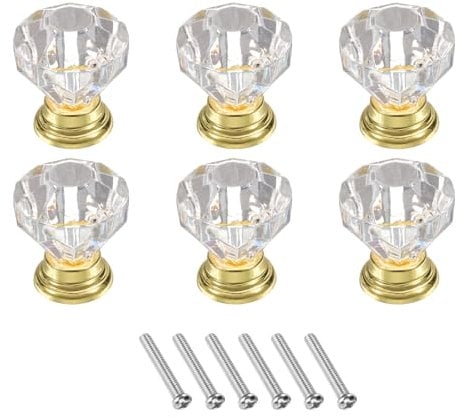 sourcing map 6 Pcs Crystal Knobs 25 mm Drawer Pulls Crystal Drawer Knobs for Cupboard, Wardrobe, Dresser, Clear/Gold