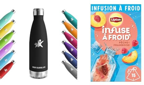 KollyKolla Gourde Inox Isotherme Noir 750ml & Lipton Infuse à Froid Pêche Framboise