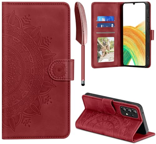 EASDNB Lederhülle für Samsung Galaxy A33 5G Hülle, Handyhülle für Galaxy A33 Flip Wallet PU Leder Case [Kartenfach] [Magnet] [Standfunktion] Prägung Klapphülle Schutzhülle für Samsung A33, Rot