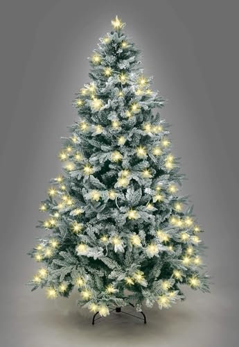 SHATCHI Künstlicher Lappland-Tannen-Weihnachtsbaum mit Schneeflocken, schneebedeckten Zweigen mit Scharnieren, Metallständer für weihnachtliche Heimdekorationen, warmes Lapplandgrün, 150 cm