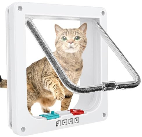 HIULLEN Cat Door, Cat Flap, Safety Pet Sliding Door with 4 Way Lock, Silent Manual Pet Flap, Easy to Install, Weatherproof Cat Flap for Interior Exterior Door Window Wall (White, 19x20x1.8cm)