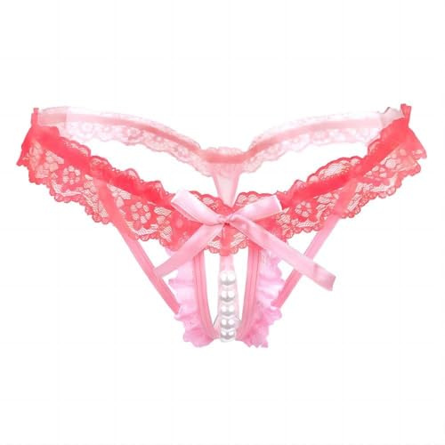 Dobovova Sexy Damen-Tanga Offenes Perizoma Spitzen-Lingerie Sensuelle Florale Schleife Durchsichtige Unterwäsche, Rosa, Einheitsgröße
