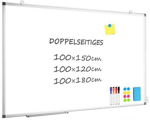 QUEENLINK Whiteboard Doppelseitige 100×150cm Whiteboard Magnetisch, Extra Groß Magnettafel mit Aluminiumrahmen, Magnetwand White Board mit Stiftablage und Haken