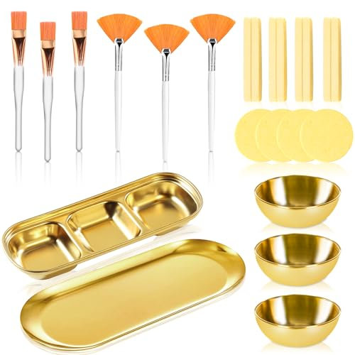 23 Pcs Esthetician Supplies 3 Stainless Steel Gold Mixing Bowls 12 Facial Sponge Compressed Round 3 Compartment Serving Tray Gold Small Serving Tray 3 Face Mask Applicator Brush 3 Facial Fan Brushes