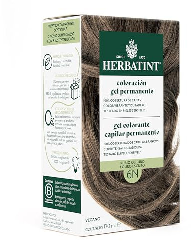 Herbatint Coloración Gel Permanente para Cabello 6N Rubio Oscuro - 170 ml | Sin Amoniaco, 100% Cobertura de Canas | para Pieles Sensibles, con 8 Extractos Naturales Bio