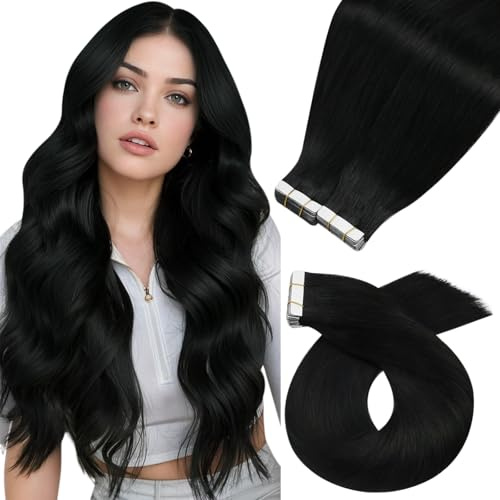 Moresoo Tape in Hair Extensions Real Human Hair Jet Black 24 Inch 100g | Salon Quality, Add Volume, Easy Install, For Women, For Party, Adds Length, Heat Safe, Adds Length Instantly, Natural Blend