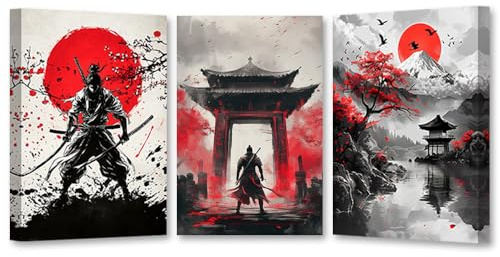 CXHOSTENT Samurai-Leinwandkunst japanische Bilder Wanddekoration 3-teilig Bushido-Poster Kirschblüten-Gemälde Dekor gerahmt (28x35cmx3)