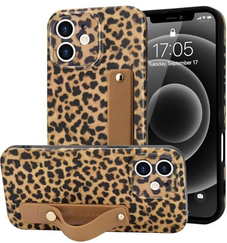 LAPOPNUT Kompatibel mit iPhone 12 Hülle mit Band Silikone Dünn Leopard Motiv Flexibel Fein Fraue Mädchen Stoßfest Case Schutzhüllee Kompatibel mit iPhone 12 Khaki
