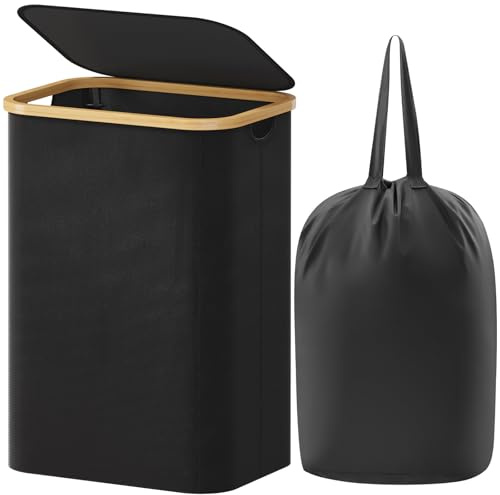 Lifewit 80L Laundry Hampers with Lid, Clothes Basket for Laundry with Bamboo Handles and A Removable Laundry Bag, Large Foldable Laundry Hamper for Bedroom, Bathroom, Dorm, Laundry Room, Black