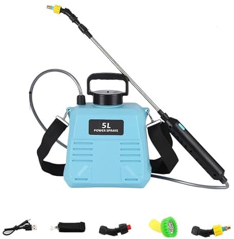 Spruzzatore elettrico da 5 litri alimentato a batteria, manico ricaricabile USB, tracolla per esterni, 3 ugelli nebulizzatori portatili da giardino, pompa con bacchetta retrattile (blu)
