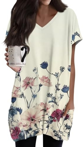 Tunika Damen Sommer Longshirt Lässig Für Leggings Strand Oberteil Mit Taschen Einfarbig Longbluse Lose Tunika Basic T-Shirt Elegant Sweatshirt