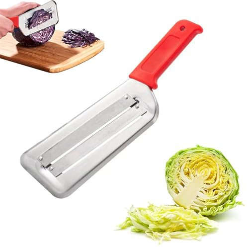 Dual Blade Julienne Cutter, Stainless Steel Double-Layer Slicer, Stainless Steel Cabbage Shredder for Coleslaw & Sauerkraut, Ergonomic Lettuce Chopper with Silicone (Red)