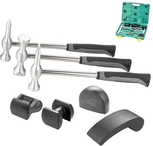 KATSU Tools 7-teiliges professionelles Reparatur-Set für Karosserieplatten – Schlaghammer aus Aluminiumlegierung, Nylon-Dollies – leicht – für Ausbeulung und Karosserie, 454232