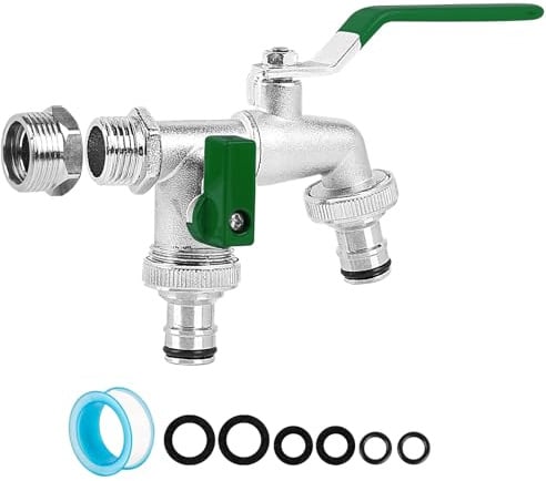Doppelter Gartenwasserhahn aus Messing – Universal-Doppelauslauf 3/4 & 1/2 Zoll, frostbeständiger Außenwasserhahn mit 2 Schlauchanschlüssen für Terrasse und Rasen