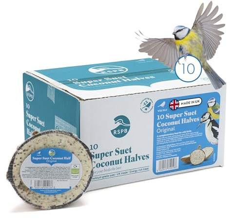 RSPB - Coconut Halves, Bird Food for Outside Birds, Wild Food with Suet, Dried Mealworms, Seeds, and Cereals, High Energy, Filled in the UK, Suitable for Year-Round Feeding (10 x 320g)
