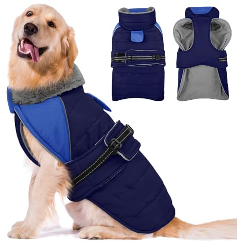 Lelepet Hundemantel XXL, Hundejacke Winter Große Hunde, Winddicht & Wasserdicht Warm Fleece Winter Mantel für Kaltes Wetter, Outdoor Hunde Schneeanzug Haustier Bekleidung Hundeweste (Blau, 2XL)