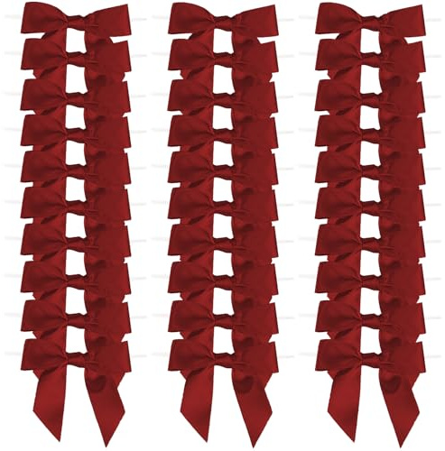 50 Pcs 3.5 Burgundy Red Satin Ribbon Bows, Pre-Tied Mini Twist Tie Craft Bows for Treat Bags, Wine Bottle - Christmas Premade Wire Bowknot for Gift Wrapping Birthday Wedding Party Favors