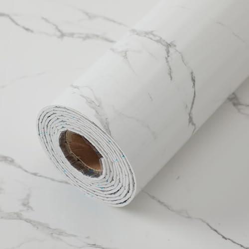 Tarwanear White Self Adhesive Wallpaper Marble Peel and Stick Wallpaper 1 Roll 300cm x 40cm 2.3mm Thick PVC Decorative Contact Paper for Kitchen Cabinet Wall Table Old Furniture
