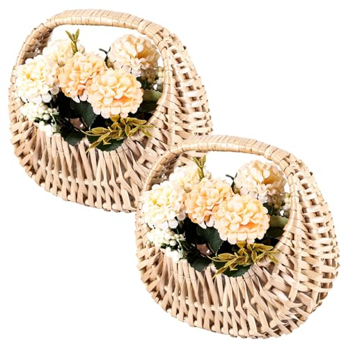 AWAOVV 2 Stück Kleiner Weidenkorb, Handgewebter Blumenkorb Rattankorb Streukorb Hochzeitskorb, Geflochtener Blumenmädchen Korb, Flechtkorb mit, Geschenke Korb für Hochzeit Fotografie Requisiten