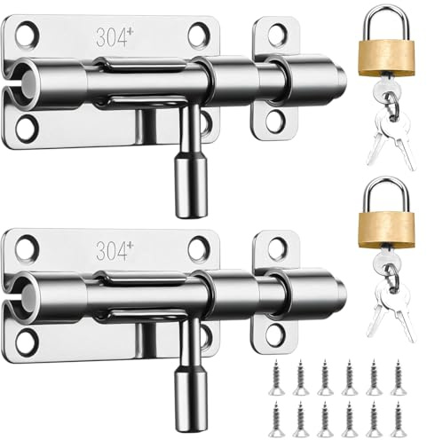 2 piezas de cerrojo de puerta de acero inoxidable, cerrojo deslizante con orificio para candado de seguridad, cerrojo de perno abatible y cierre para puertas, ventanas, baños, dormitorios (silver)