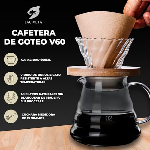 LACIVETA Cafetera v60 de vidrio de borosilicato (600ml), filtros de papel natural V02 (40 und) y cuchara medidora 15gr, v60 cafetera de goteo para amantes del cafe manual, kit drip coffee o pour over