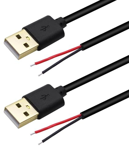 Xilaghy USB 2 Wire Pigtail Cable 2M/6.5FT,5V 5A Gold-Plated USB 2.0 A Male Plug to 2 Pin Bare Wire Open End Power Repair Cable for LED Strips,Desk Lamp,Black(2Pack)
