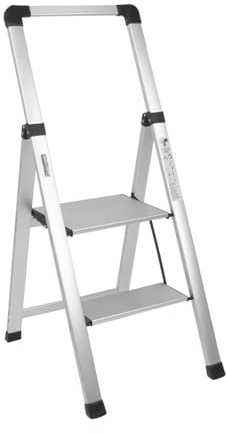 TRUTZHOLM Alu-Trittleiter 2-stufig, klappbar, Handlauf, 150 kg, Silber | 2-stufiger Alu-Klapptritt mit Handlauf, 26 x 32 cm Trittfläche, Anti-Rutsch-Füßen und Sicherheitsverriegelung, 3,65 kg leicht