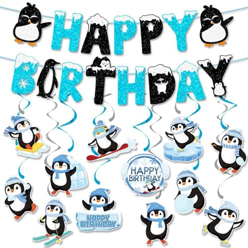 13 Stück Winter Pinguin Spiral Banner, Eis und Schnee Welt, Tier Geburtstag Dekoration, Weihnachtstorten Party, Geburtstag Party Zubehör, Eis und Schnee Thema, Fest Dekoration