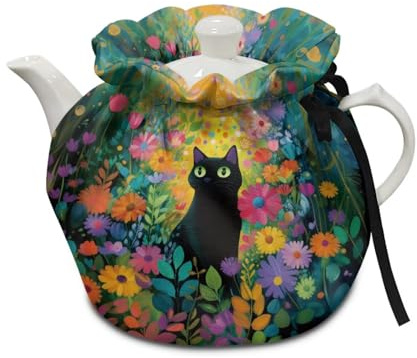 Poceacles Tea Cozy for Teapot Small Tea Cosies, Kitchen Kettle Dust Cover Cloth for Breakfast Pot Coffee Pot Protector Tabletop Decorations, Black Cat Colorful Daisy Floral