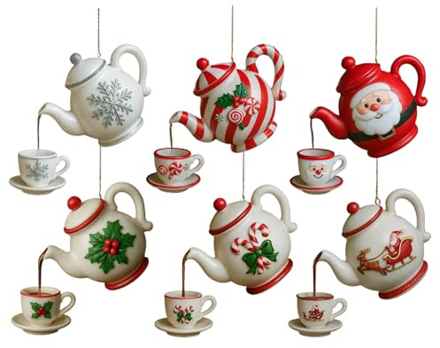 6 decorazioni per albero di Natale a forma di teiera, ciondoli a forma di cuore di Natale, 2D in acrilico, decorazioni natalizie per pareti, interni, esterni, giardino, cortile, finestra