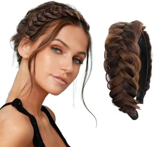 Haarreif Geflochten Haare, Kunsthaar Haarreifen Geflochten, Geflochtenes Haarband, Geflochtener Zopf Haarteil, Chunky Haarreif Oktoberfest Damen, Trachten Haarschmuck Damen (Kastanie)