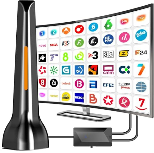 Antena TV Interior,2026 Antena de TV Interior con Amplificador, 420 km de Largo Alcance y recepción remota de 360°,Compatible con Canales 4K/1080p/VHF/UHF DVB-T/T2
