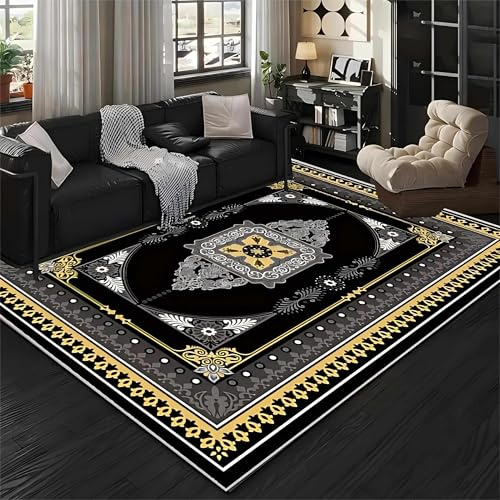 Kuluoits Teppich im Bohème-Stil, 180x300cm, Luxuriöser, Waschbarer Teppich Mit Ethnischem Blumenmuster In Schwarzgold, Weiche, rutschfeste Teppiche für Wohnzimmer, Schlafzimmer, Wohnung, Esszimmer