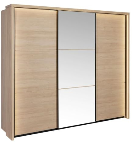 AltoBuy Armoire 3 Portes coulissantes avec Miroir et LEDs Aspect Bois et Noir - LUDY