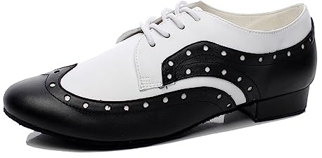 MINITOO Mens Dance Shoes Block Standard Heel Synthetic Leather Ballroom Dancing Shoes QJ9013 Black/White UK 9