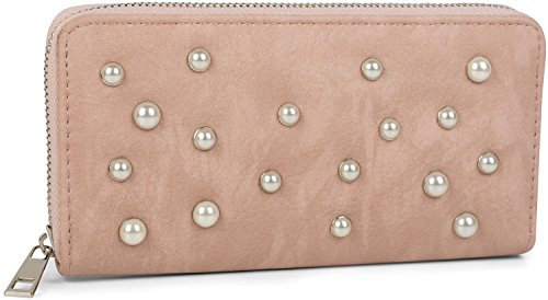 styleBREAKER Geldbörse mit Perlen besetzter Vorderseite, umlaufender Reißverschluss, Portemonnaie, Damen 02040092, Farbe:Altrose