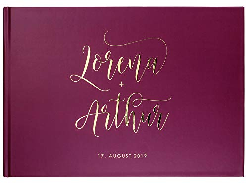 DeinWeddingshop Deluxe Hochzeitsgästebuch | Gästebuch zur Hochzeit personalisiert | Veredelung in Gold, Rosé-Gold, Silber oder Kupfer | A4 quer | Burgund, Inhalt mit Fragen